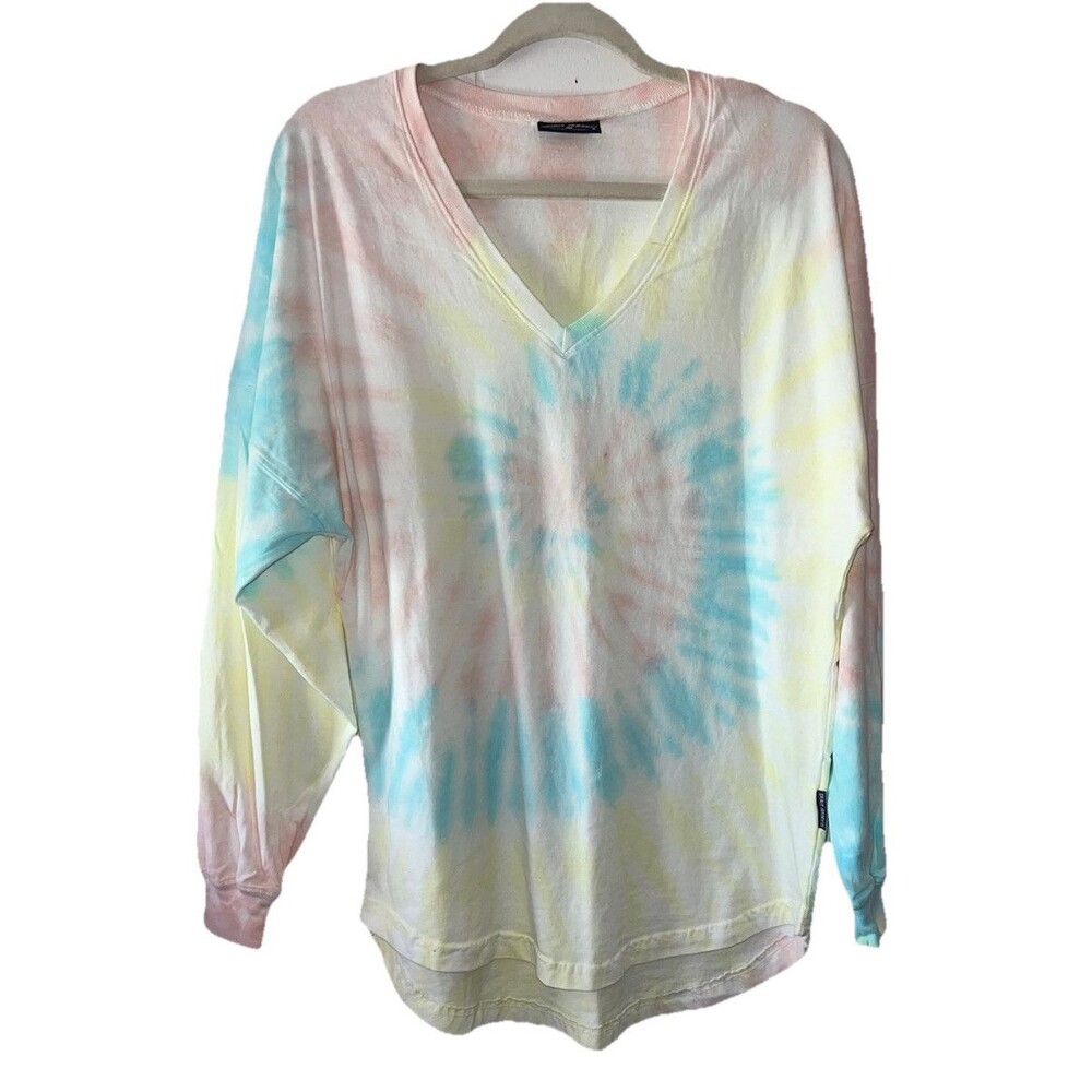 Spirit Jersey Pastel Tie Dye Long Sleeve V-Neck Shirt Unisex Size Small NWOT